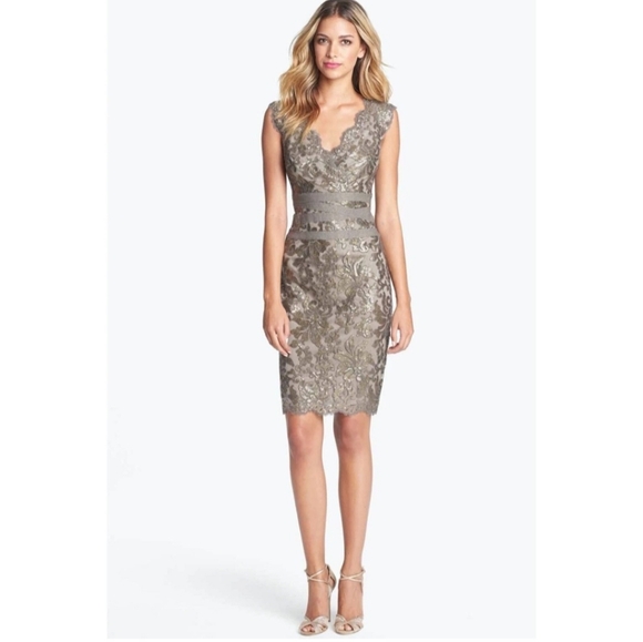 Tadashi Shoji Dresses & Skirts - New Tadashi Shoji Taupe Sequin Lace Sheath Midi Dress Size 12 P Petite Sleevless